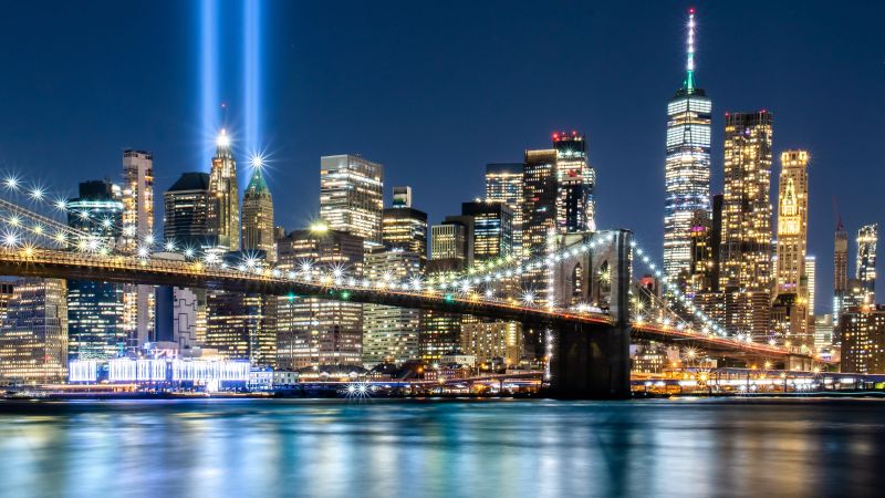 911 Memorial, Tribute in Light, September 11, Spotlight, Night time, Cityscape, Bridge, City lights, 5K, Wallpaper