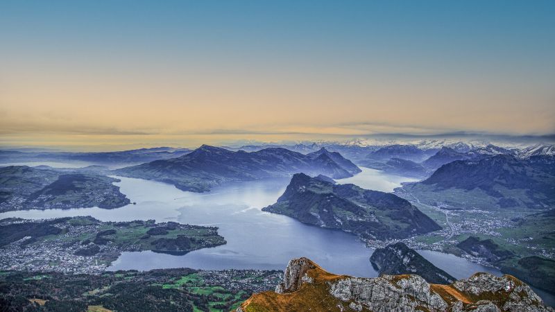 Lake Lucerne, Switzerland, Swiss Alps, Aerial view, Mountain range, Horizon, Snow covered, Landscape, 5K, Wallpaper