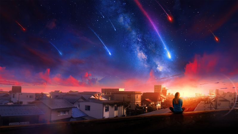 Alone, Girl, Woman, Falling stars, Town, Home, Milky Way, Dream, Surreal, Sunset, Calm, Wallpaper