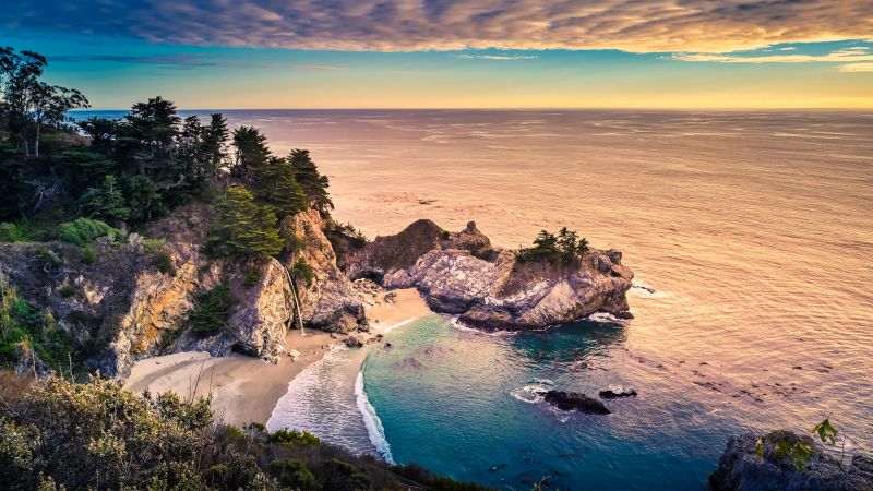 Big Sur, Rocks, California, USA, Scenery, Seascape, Beach, Serene, Evening, Ocean, Horizon, Trees, Scenic, 5K, Wallpaper
