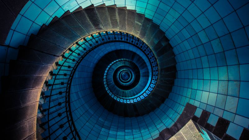 Spiral staircase, Île Vierge, France, Lighthouse, Steps, Look up, Pattern, Blue, Wallpaper