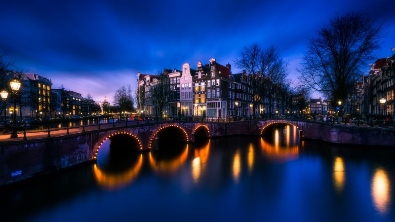 Amsterdam, Netherlands, Cityscape, Night time, City of Water, Reflection, Blue Sky, 5K, Wallpaper