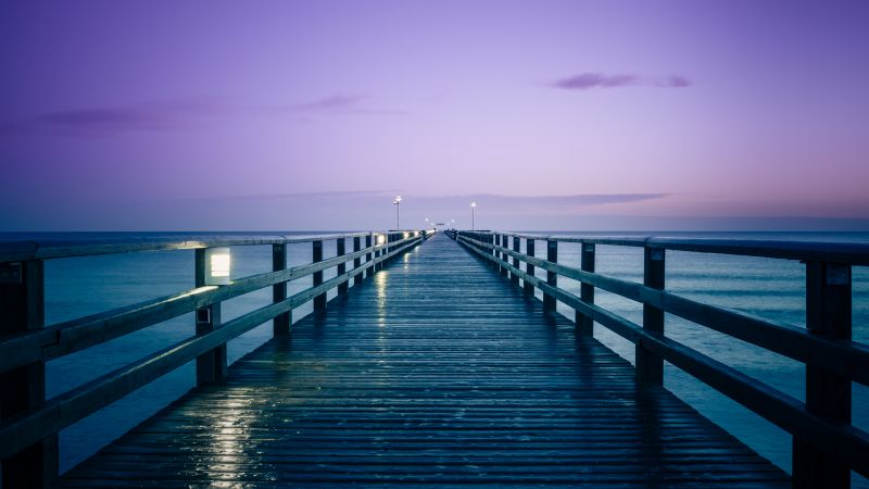 Prerow Pier, Germany, Seascape, Dusk, Purple sky, Body of Water, Baltic Sea, Sunrise, Horizon, 5K, Wallpaper