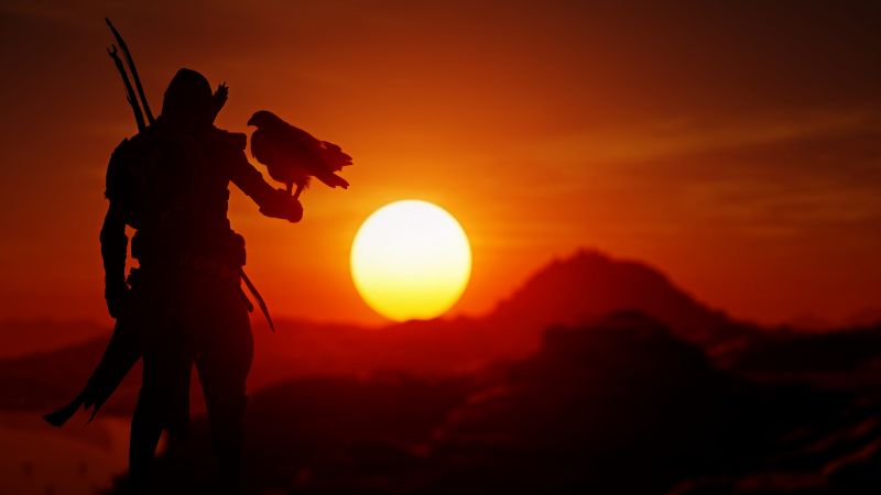 Assassin's Creed Origins, Sunset, Silhouette, Orange sky, Eagle, PlayStation 4 Xbox One, 2017 Games, PC Games, 5K, Wallpaper
