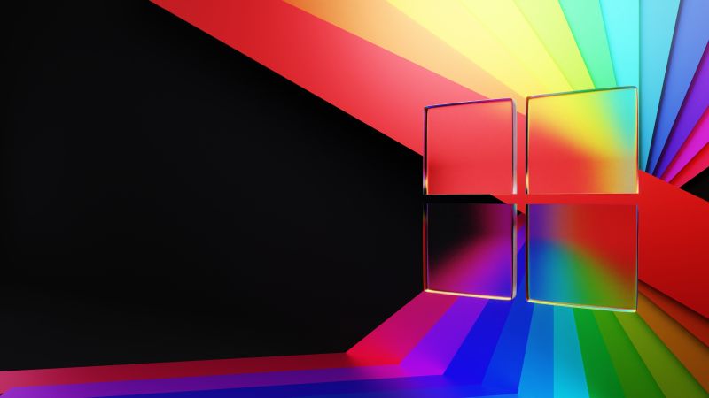 Windows 11, Glass, Colorful abstract, Ribbons, Windows logo, Frosty, Dark Mode, Black background