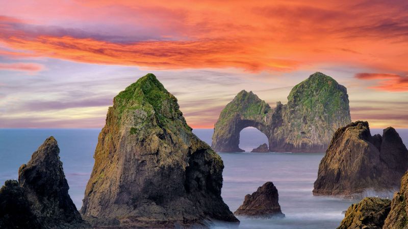 Mack Arch Rock, Rock formations, Pacific coast, Coastline, Oregon, USA, Rocks, Ocean, Sunrise, 5K, Wallpaper