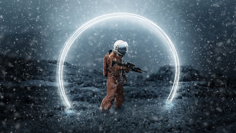 Astronaut, Space suit, Snow, Orange, Illustration, Photo Manipulation, Creative, Wallpaper