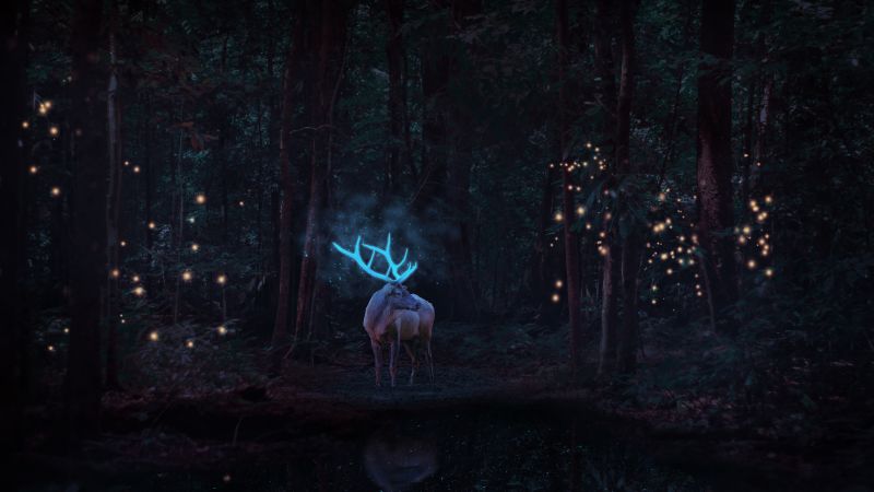 Stag, Deer, Forest Trees, Surreal, Dark background, Fantasy, Digital Art, 5K, Wallpaper