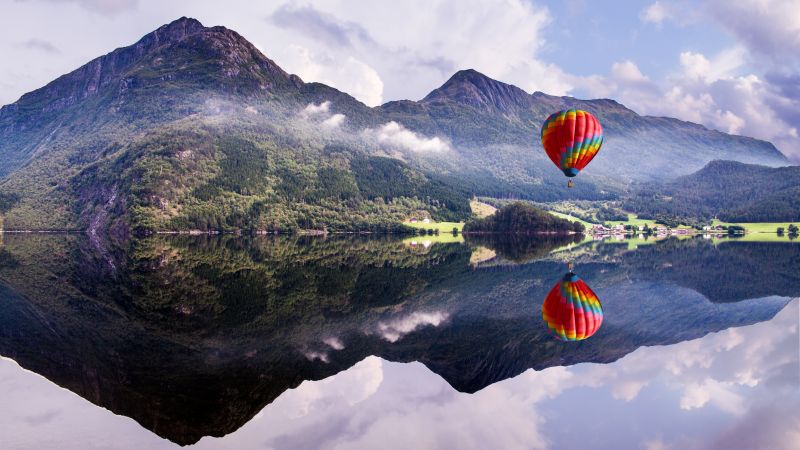 Hot air balloon, Mountain View, Lakeside, Reflection, Body of Water, Landscape, Scenery, 5K, Wallpaper