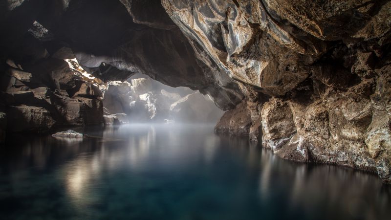 Grjótagjá, Lava Cave, Iceland, Rocks, Hot Spring, Natural Phenomena, Long exposure, Famous Place, Tourist attraction, 5K, Wallpaper