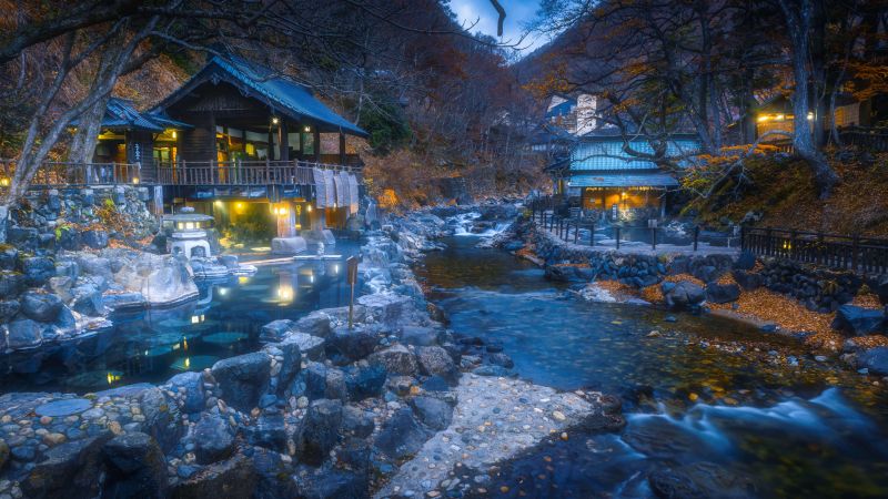 Hot Spring, Autumn, Dusk, Illuminated, Traditional, Outdoor, Takaragawa Onsen, Japan, 5K, 8K, Wallpaper