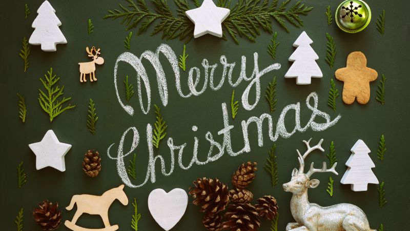 Merry Christmas, 5K, Preppy Christmas, Christmas decoration, Green background, Navidad, Noel, Wallpaper