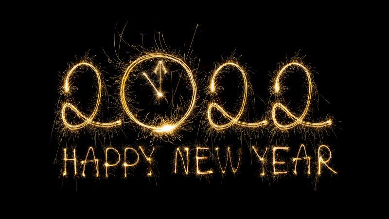 2022 New Year, Happy New Year, Sparkling, Black background, Fireworks, Sparklers, AMOLED, 5K, Wallpaper