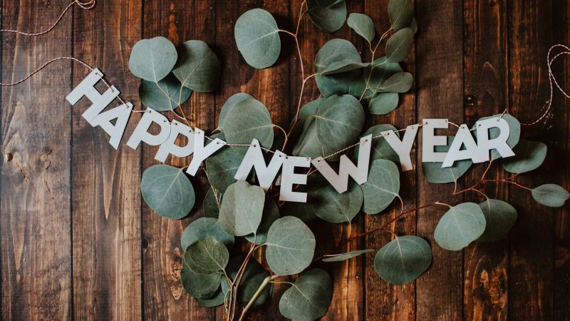 Happy New Year, Banner, Leaves, Wooden background, 5K, Wallpaper