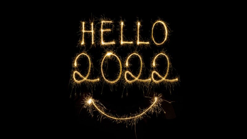 2022 New Year, Happy New Year, Smiley, Sparkling, Black background, Fireworks, Sparklers, AMOLED, 5K, Wallpaper