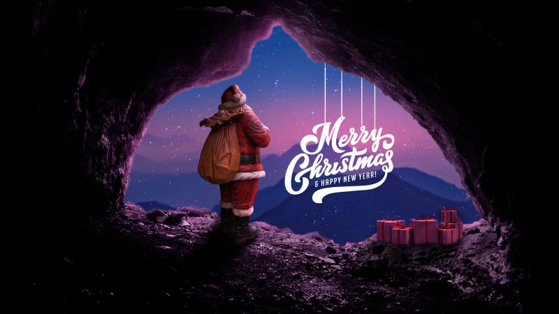 Merry Christmas, Happy New Year, Santa Claus, Cave, Gifts, Surreal, Starry sky, Christmas Eve, Sunset, Stars, Wallpaper