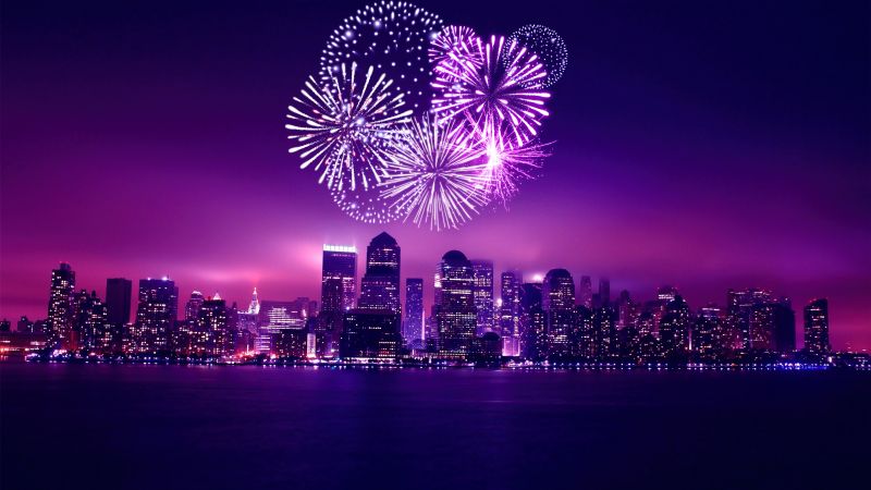 Chicago, New Year celebrations, Aesthetic, Purple, Sunset, Night, Cityscape, New Year's Eve, Fireworks, Illinois, Wallpaper