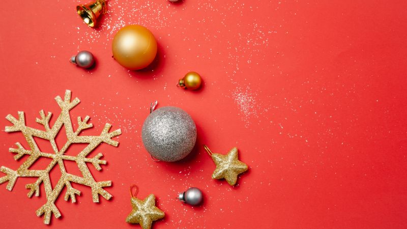 Christmas Baubles, Stars, Snowflake, Red background, Decor, Shiny, 5K, Wallpaper