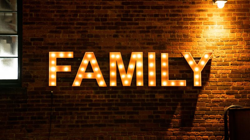 Family, Marquee Sign, Brick wall, Wall Decorations, Light Backgrounds, 5K, 8K, Wallpaper