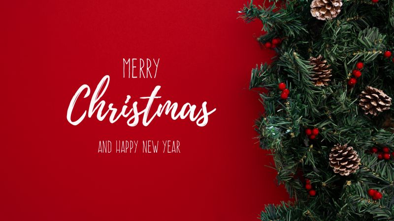 Happy New Year, Merry Christmas, Red background, Christmas decoration, Christmas tree, 5K, Wallpaper