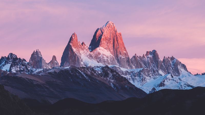 Mount Fitz Roy, Argentina, Sunrise, Alpenglow, Pink sky, Snow covered, Landscape, Mountain Peak, 5K, Wallpaper