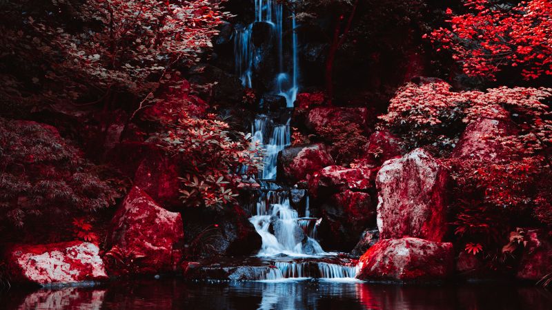 Portland Japanese Gardens, Waterfalls, Infrared Photography, Peaceful, Landscape, Scenery, 5K, 8K