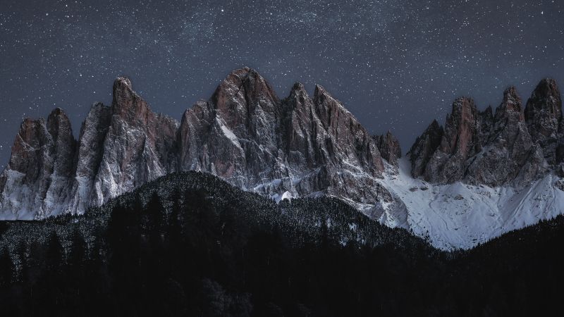 Geissler Group, Odle Group, Mountain range, Starry sky, Glacier mountains, Mountain Peaks, Dolomites, Italy, Landscape, Night time, 5K, Wallpaper