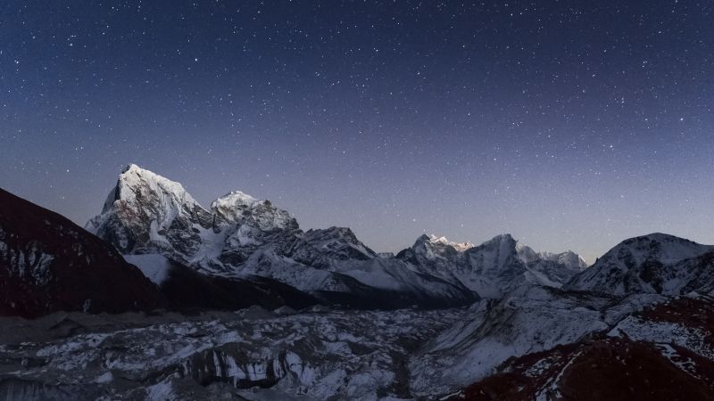 Mount Cholatse, Ngozumpa glacier, Nepal, Himalayas, Gokyo valley, Snow covered, Starry sky, Mountain Peak, Landscape, 5K, Wallpaper