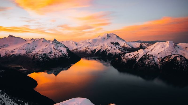 Panorama Ridge, Garibaldi Lake, Canada, Sunset, Mountain range, Snow covered, Reflection, 5K, Wallpaper