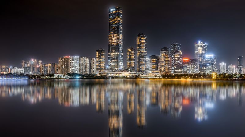 Shenzhen Bay, Hong Kong, City Skyline, Skyscrapers, Night time, Cityscape, City lights, Body of Water, Reflection, 5K, Wallpaper