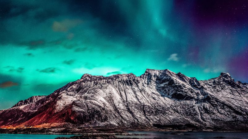 Nordic mountain range, Aurora Borealis, Starry sky, Glacier mountains, Snow covered, Landscape, Scenery, 5K, Wallpaper
