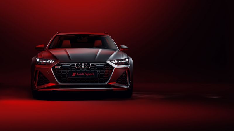 Audi RS6, Luxury sports sedan, Red background, CGI, Wallpaper