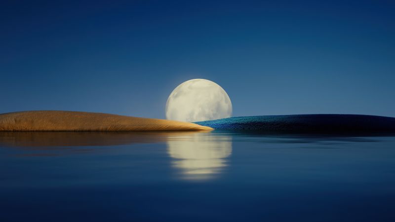 Huawei P50 Pocket, Evening sky, Moon, Body of Water, Reflection, Landscape, Stock, Wallpaper