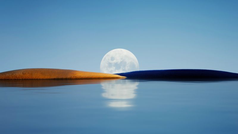 Huawei P50 Pocket, Morning sky, Moon, Body of Water, Reflection, Landscape, Stock, Wallpaper