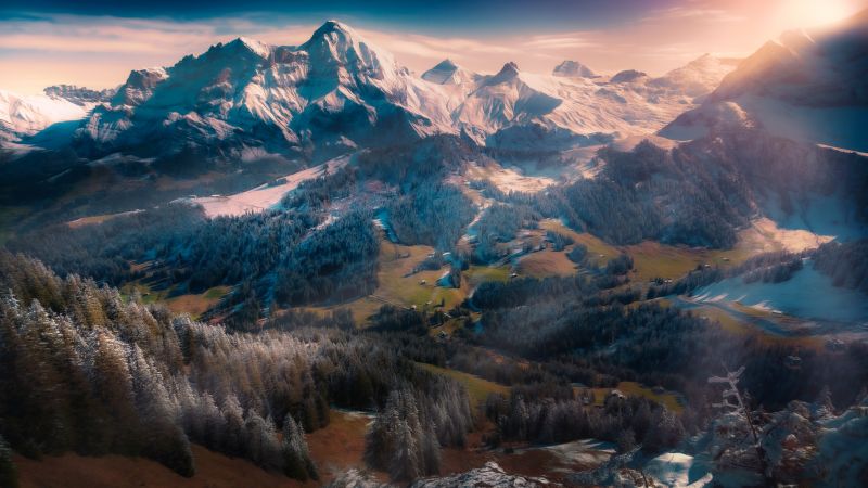 Swiss Alps, Winterscape, Snow mountains, Adelboden, Switzerland, Morning sun, Sun light, Landscape, Scenery, 5K, Wallpaper