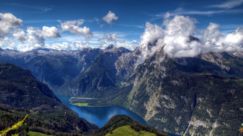 Königssee Lake, Germany, Bavarian Alps, White Clouds, Mountain range, Top View, Summer mountains, Landscape, Scenery, Wallpaper