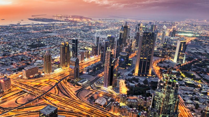 Dubai, Aerial view, Cityscape, Skyline, Sheikh Zayed Road, Long exposure, 5K, Wallpaper