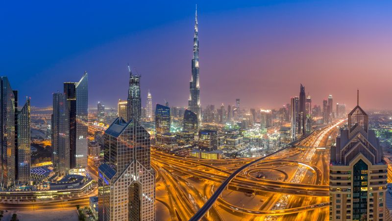 Burj Khalifa, Sheikh Zayed Road, Dubai, Cityscape, Night, City lights, Long exposure, Buildings, Skyscrapers, Dusk, 5K, Wallpaper