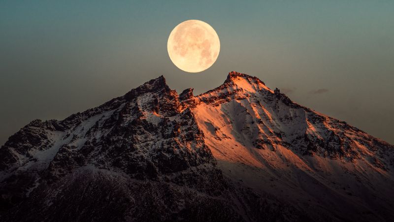 Full moon, Mountain Peak, Snow covered, Moon light, Iceland, Night, Landscape, Wallpaper