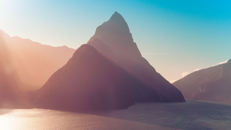 Mitre Peak, New Zealand, Milford Sound, Mountain Peak, Sun light, Sunrise, Morning light, Blue Sky, Landscape, 5K, 8K, Wallpaper