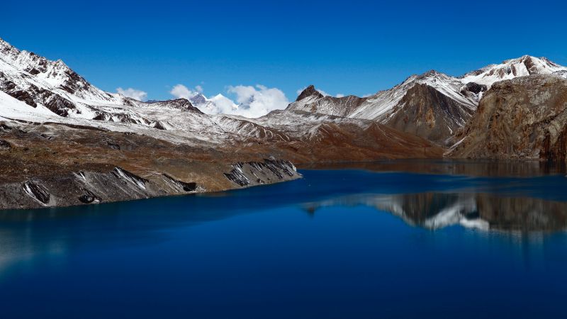 Snowy Mountains, Body of Water, Mountain range, Blue Sky, Lake, Reflection, Landscape, Scenery, 5K, Wallpaper