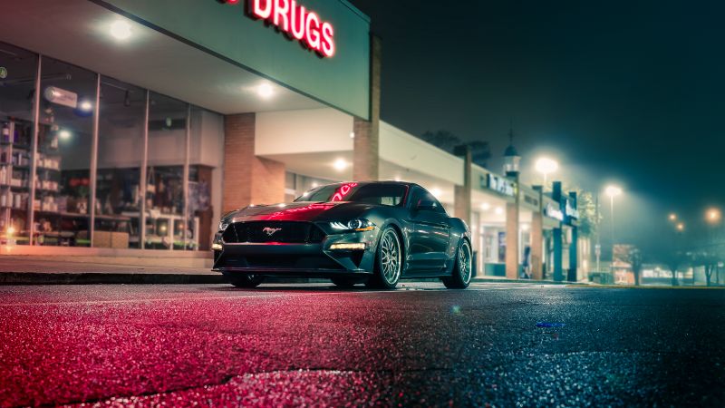Ford Mustang, Night, City lights, Neon, Wallpaper