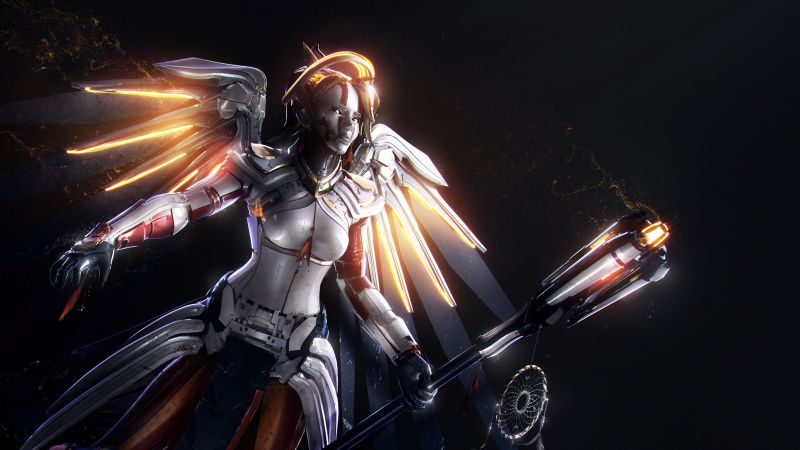Mercy, Support hero, Overwatch, Dark background, Wallpaper