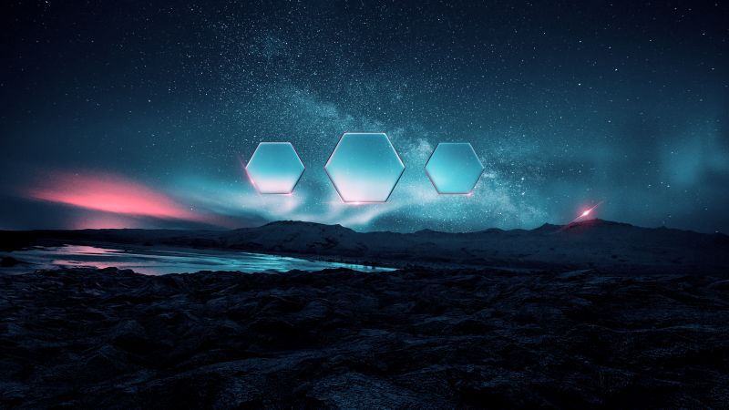 Night landscape aurora borealis hexagons starry sky fusion 