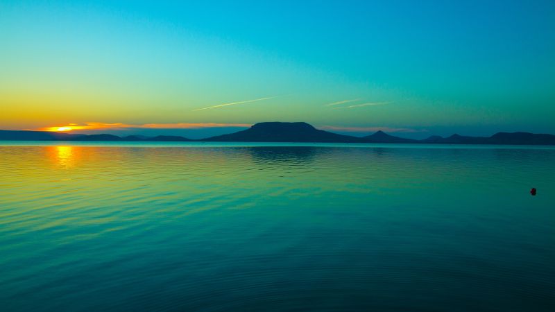 Lake Balaton, Hungary, Freshwater Lake, Sunset, Body of Water, Dusk, Tropical, Clear sky, Scenery, 5K, Wallpaper