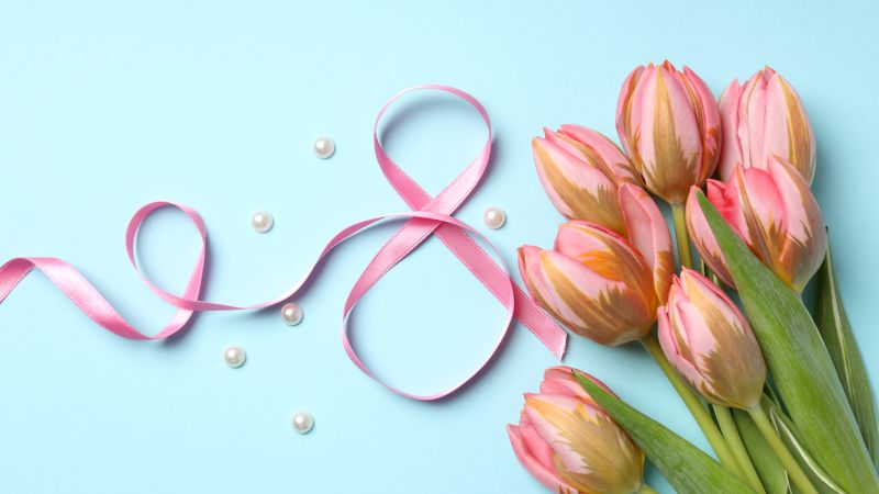 Women's Day, March 8th, Tulips, Ribbon, Pearls, Blue background, 5K, Wallpaper