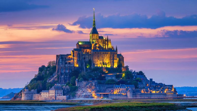 Abbey, Mont Saint-Michel, Normandy, France, Ancient architecture, Tourist attraction, Evening, Sunset, 5K, Wallpaper