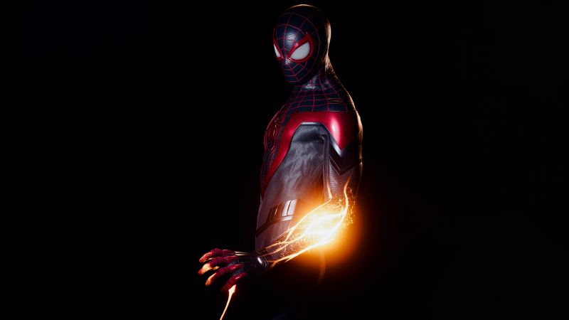 Spider-Man: Miles Morales, PlayStation 4, PlayStation 5, Marvel Comics, Black background, AMOLED, Wallpaper
