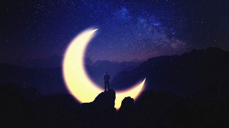 Dream, Crescent Moon, Night, Starry sky, Silhouette, Standing Man, Mountains, Wallpaper