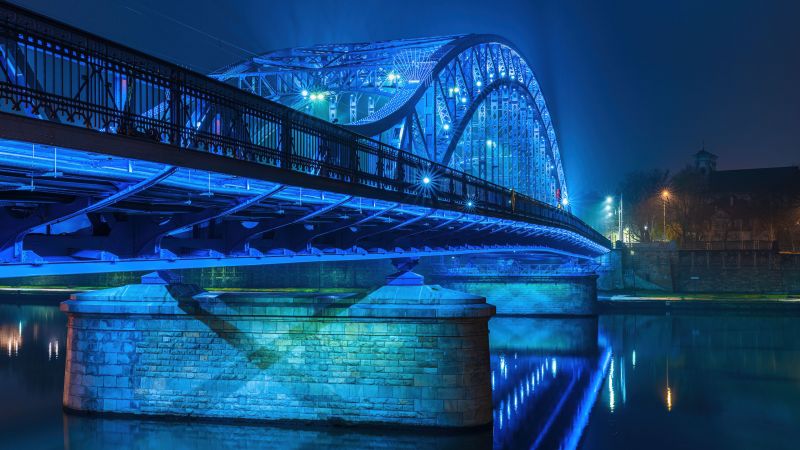 Józef Piłsudski bridge, Kraków, Poland, Night lights, Cityscape, Wallpaper